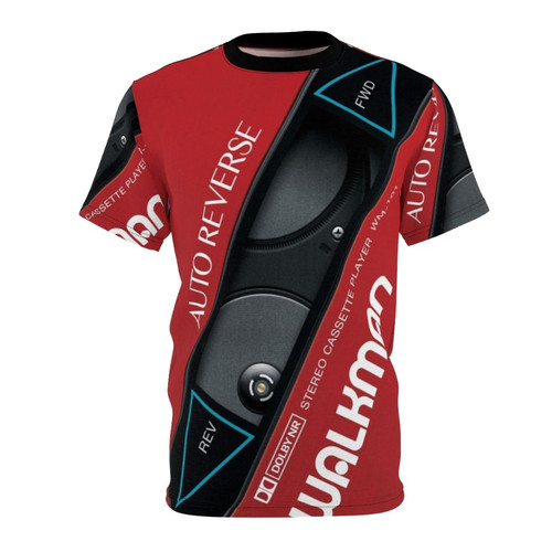 Vintage Sony Walkman design AOP t-shirt featuring a retro cassette player