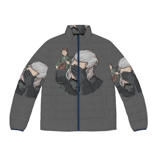 Geralt, the renowned witcher, wearing a puffer jacket in a fantasy medieval setting