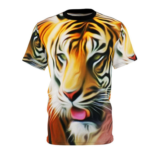 Colorful tiger graphic t-shirt with abstract, retro-inspired patterns and designs