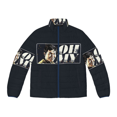 Crimson sunset synthwave puffer jacket with retro futuristic aesthetic