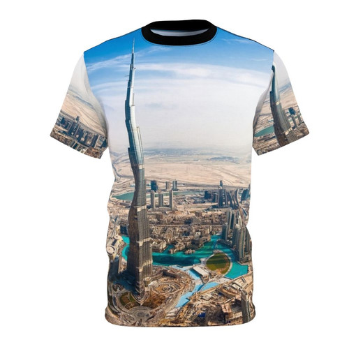 Dubai cityscape graphic t-shirt featuring the Burj Khalifa and other landmarks