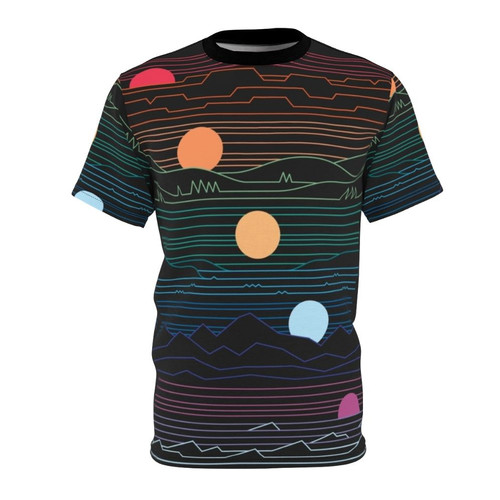 Minimalist landscape art t-shirt design featuring a sun and abstract nature elements in pastel colors