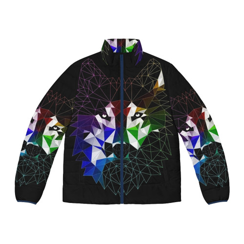 Geometric wolf puffer jacket with triangular pattern and abstract design
