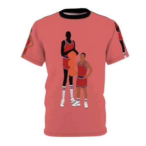 Artistic illustration of NBA players Manute Bol and Muggsy Bogues on a basketball-themed t-shirt design.