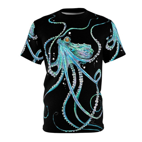 Vivid blue octopus with tentacles design printed on a high-quality t-shirt