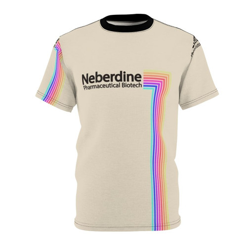 Colorful graphic t-shirt inspired by the Maniac Netflix series, featuring the NPB and Neberdine logos.