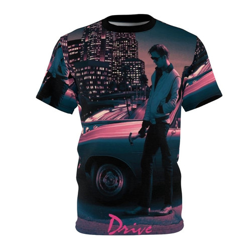 Stylish t-shirt design inspired by the 2011 cult classic film Drive, featuring the iconic movie poster imagery and key themes like fast cars, LA street scenes, and the film's moody aesthetic.