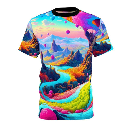 Colorful psychedelic dreamscape graphic on a black t-shirt