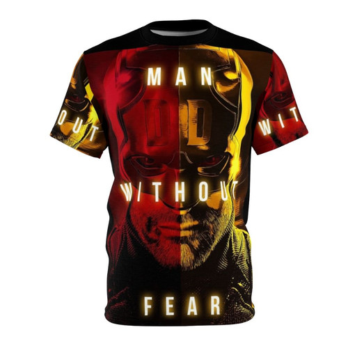 T-shirt featuring a blind superhero with horns and a red and yellow color scheme