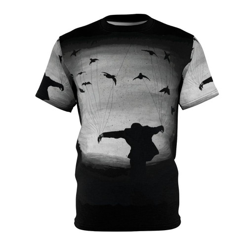 A striking t-shirt design featuring a hand-drawn raven silhouette in flight against a moody, cloudy sky background.