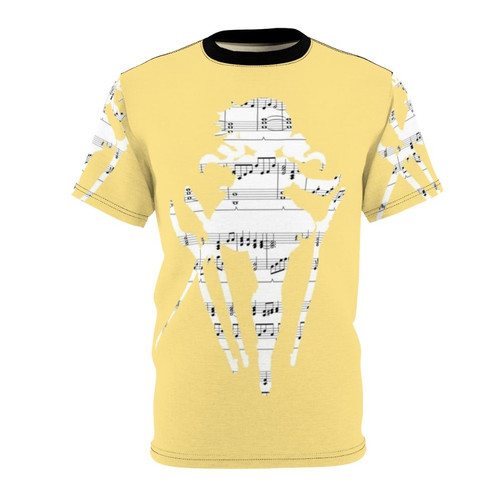 Anime-inspired t-shirt featuring Mami Tomoe from Puella Magi Madoka Magica with the 'Credens Justitiam' music sheet design.