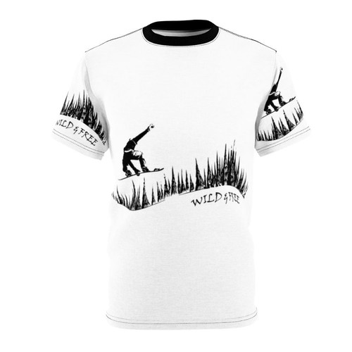 Person snowboarding through a snowy fir forest