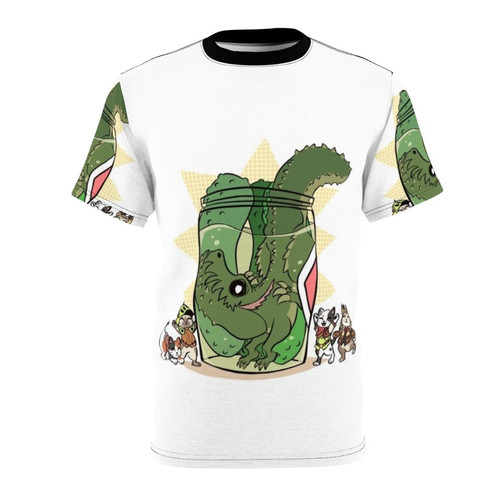 Illustration of a cute pickle-themed monster character on a t-shirt