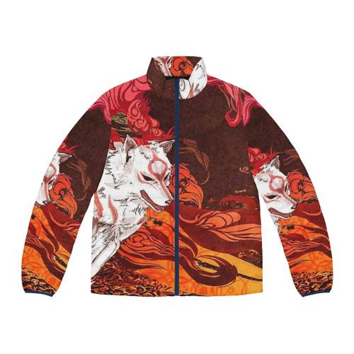 Okami puffer jacket featuring the cute and powerful wolf spirit