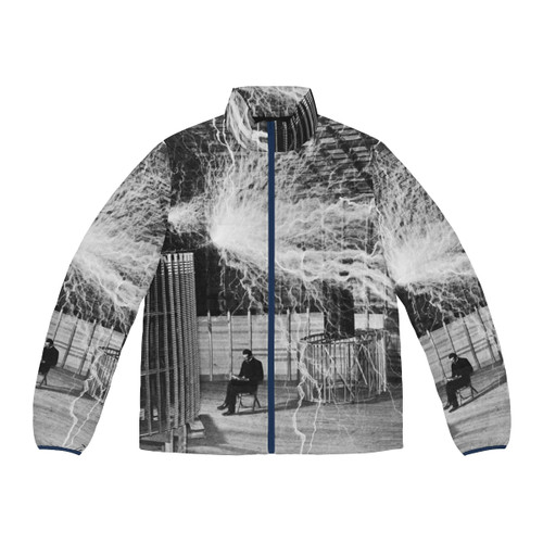 Nikola Tesla Lightning Puffer Jacket featuring electromagnetic design