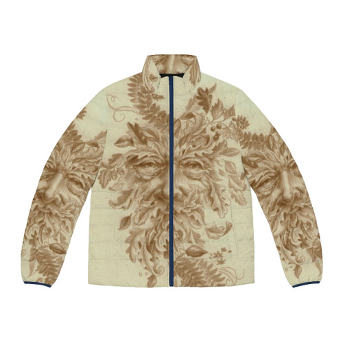 Puffer jacket featuring a detailed silverpoint drawing of the Greenman, a nature-inspired design.