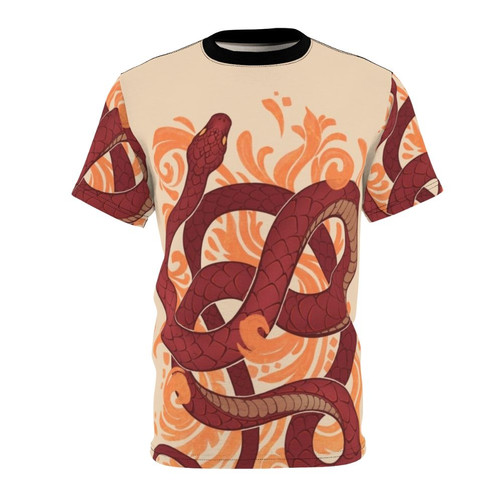 Closeup of a colorful snake coiled on a floral background printed on a t-shirt
