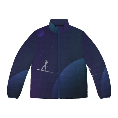 Silver Surfer inspired minimal puffer jacket with comic book design