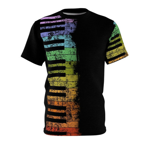 Vibrant and retro-inspired t-shirt design featuring a piano keyboard in a rainbow of colors.