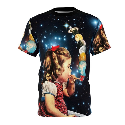 Collage art t-shirt with surreal, psychedelic design