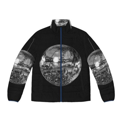 Silver disco ball puffer jacket with a retro disco ball graphic