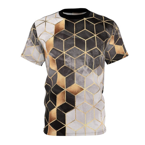 A t-shirt featuring an abstract geometric design of 3D cubes in a minimal, modern style.