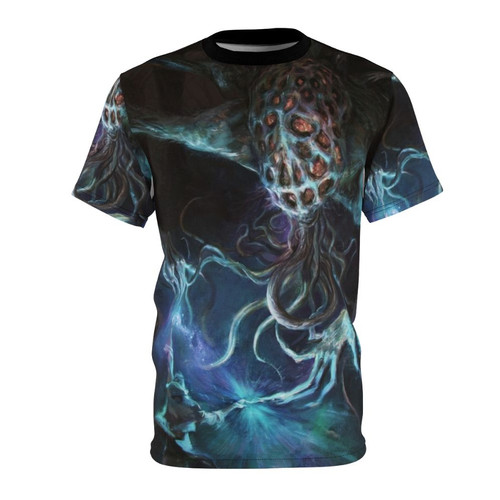 Otherworldly sci-fi psychedelic t-shirt featuring an amygdala-like creature in a surreal, cosmic landscape