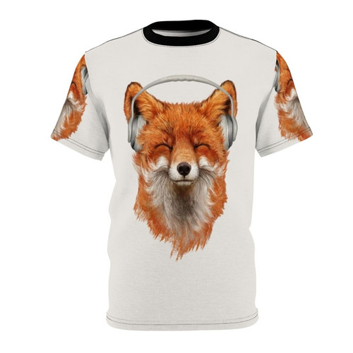 Smiling and musical fox wearing headphones in a forest setting