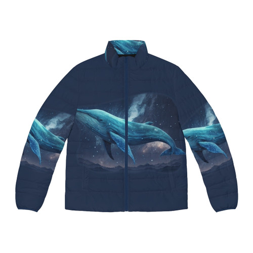 Mythical sea creatures puffer jacket featuring fantasy beasts and enchanted animals