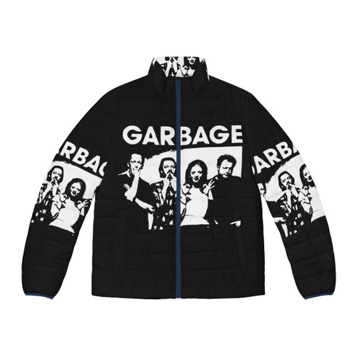 Garbage band puffer jacket featuring 90s grunge music art