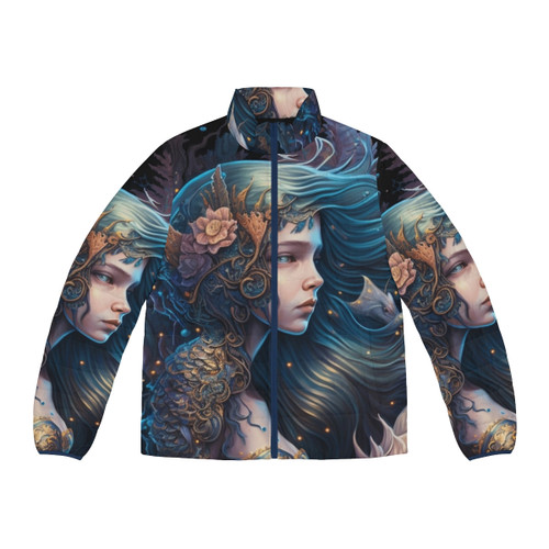 Model wearing a puffer jacket featuring mythical sea creatures and fantasy-inspired designs
