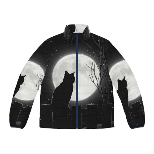 A cat sitting on a fence, gazing at the bright full moon in a starry night sky, wearing a cozy puffer jacket.