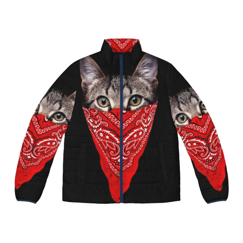Gangster cat wearing a puffer jacket in space