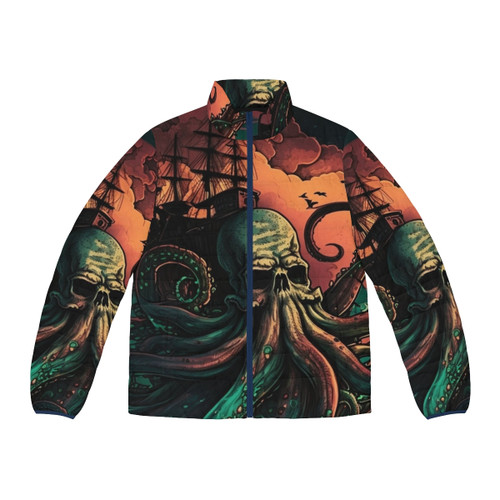 Puffer jacket featuring illustrations of mythical sea creatures and legendary beasts