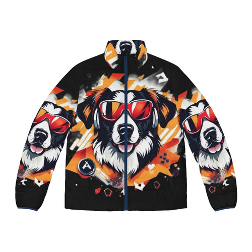 Unisex puffer jacket featuring a vibrant design of a gaming dog