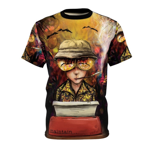 Surreal Fear and Loathing T-shirt featuring a typewriter and bat in a surreal landscape, inspired by the works of Hunter S. Thompson