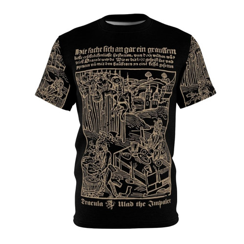 Dracula-inspired gothic t-shirt with medieval vampire and Transylvanian horror motifs