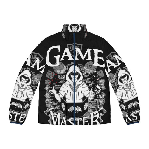 White puffer jacket with game master and fantasy graphics for tabletop gaming enthusiasts