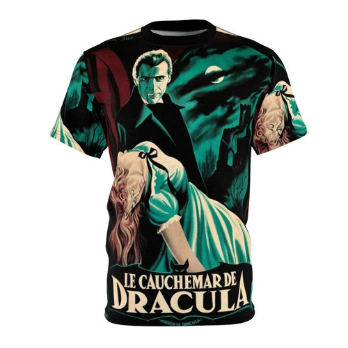 Vintage-style t-shirt design featuring a retro movie poster for the classic 1950s Dracula horror film