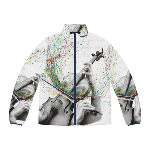 A puffer jacket featuring an abstract, expressive design inspired by the sound of a solo violin performance.