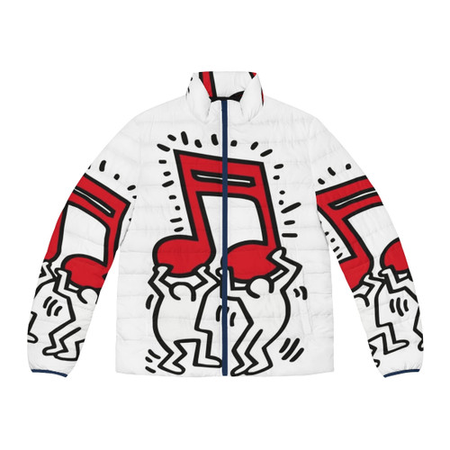 Colorful music note puffer jacket with Haring-inspired pop art design