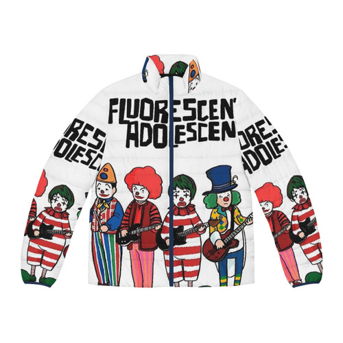 A fashion-forward puffer jacket featuring the Arctic Monkeys logo and design elements