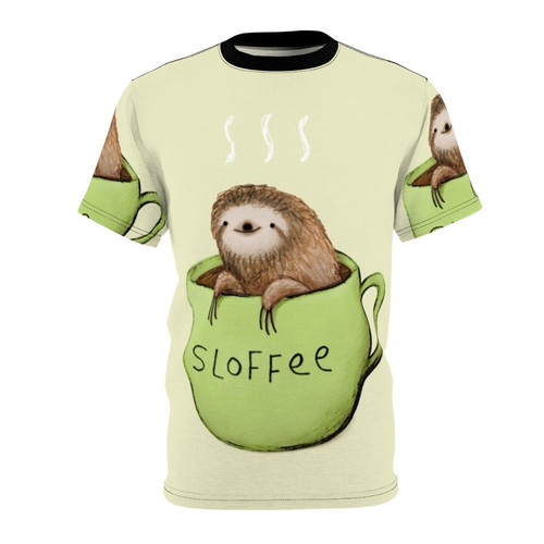 Sloth-themed t-shirt with a sloffee (sloth + coffee) design