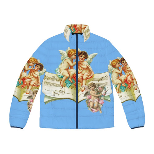 Vintage cherub music angel puffer jacket with antique sheet music and celestial design