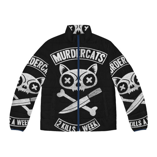 A puffer jacket featuring a fierce cat design, perfect for cold weather