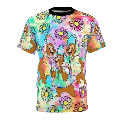 Custom tie dye sun bonnets-inspired all over print t-shirt featuring a country bear design