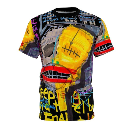 Abstract art t-shirt featuring the words "Sleeping in a Hotel Built on Fear and Love" in a neo expressionism style