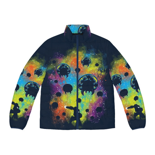 Colorful and vibrant galactic warrior puffer jacket with retro futuristic design