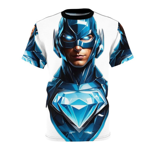 Model wearing a sleek superhero graphic t-shirt with a bold blue glow diamond print design
