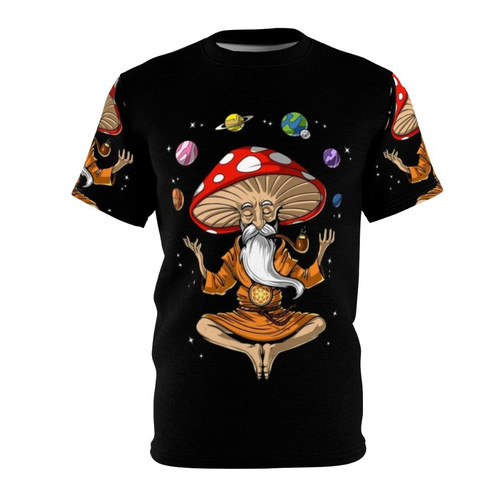 Mystical mushroom Buddha design on a t-shirt